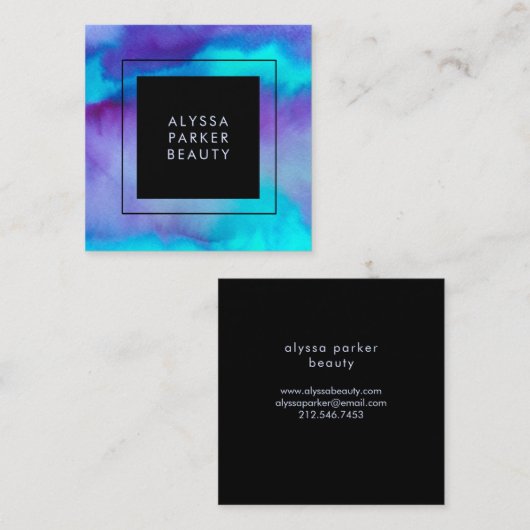 Türkis und Lila Wasserfarbenpräparat mit Schwarz Quadratische Visitenkarte (Vorne/Hinten)