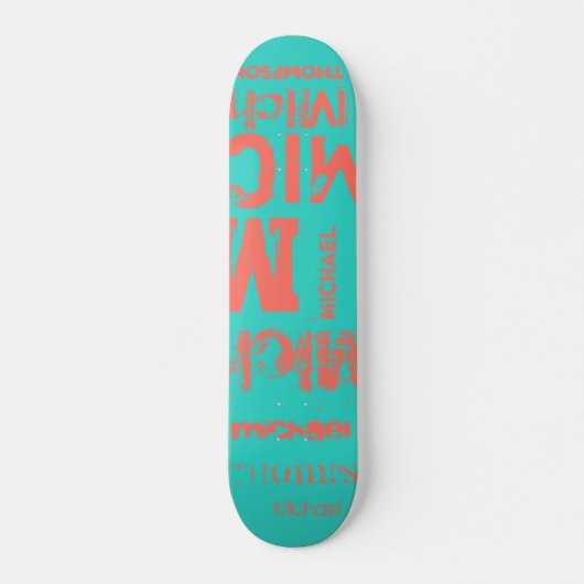 Türkis und Living Coral Grunge Word Cloud Skateboard (Vorne)