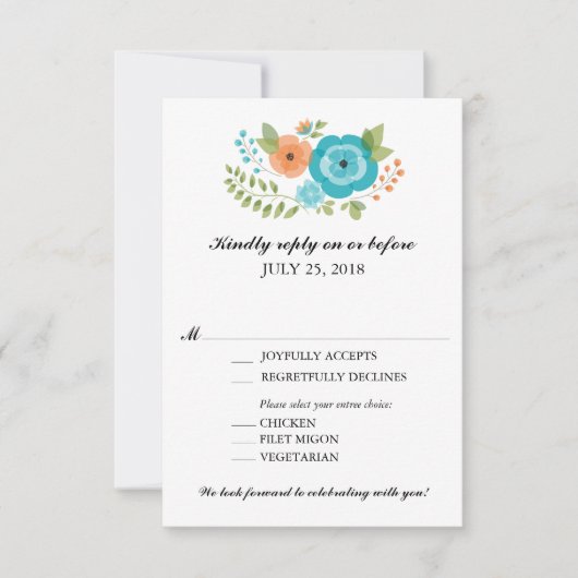 Türkis und Orange Sommer-Blume Hochzeit RSVP (Vorderseite)