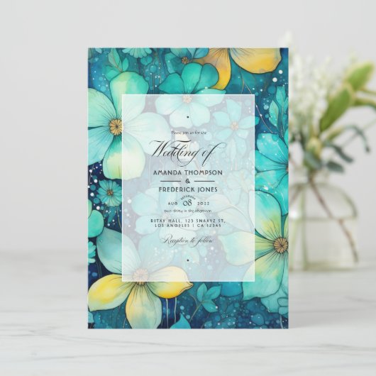 Türkis und Patina Bloral Wedding Einladung (Stehend Vorderseite)