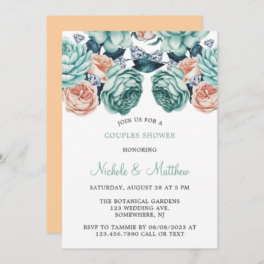 Türkis und Pfirsichfarben Paare Dusche Einladung (Vorne/Hinten)