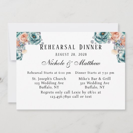 Türkis und Pfirsichfarben Probe Abendessen Einladung (Vorderseite)