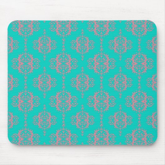 Türkis- und PInk-Damask-Muster Mousepad (Vorne)