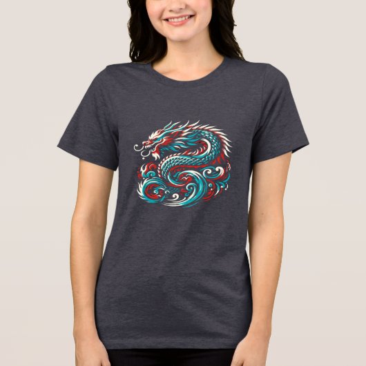 Türkis und Roter Asiatischer Drache Tri-Blend Shirt (Vorderseite)