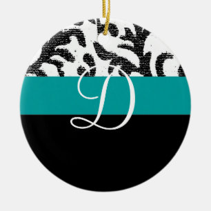 Türkis und Schwarzes Floral Monogramm Keramikornament