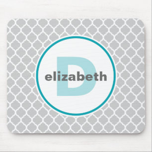 Türkis und Silber Quatrefoil Monogramm Mousepad