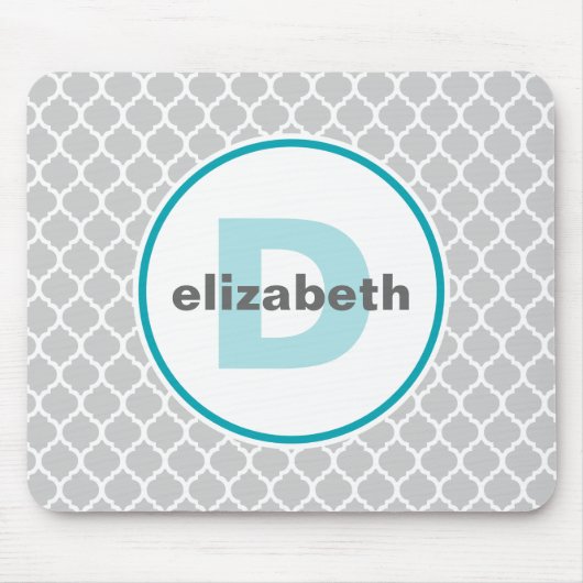 Türkis und Silber Quatrefoil Monogramm Mousepad (Vorne)