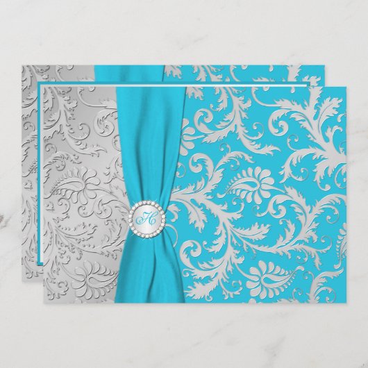 Türkis- und SilberDamast-Einladung Einladung (Vorne/Hinten)