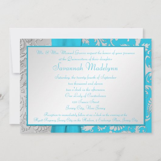 Türkis und Silberner Damask Quinceanera Einladung (Rückseite)