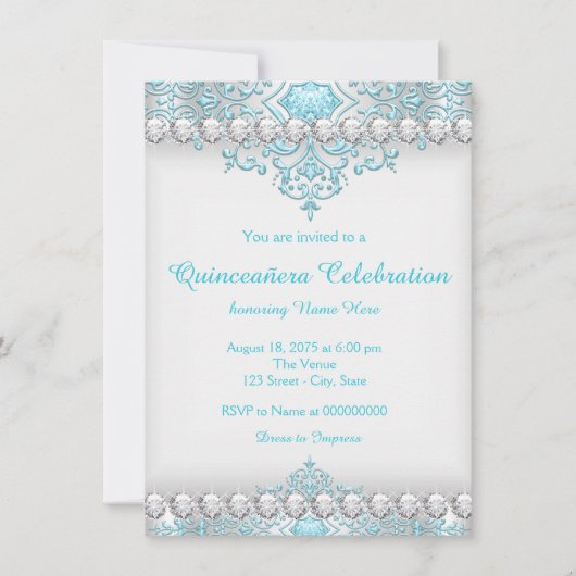Türkis und Silver Diamond Quinceanera Einladung (Vorderseite)