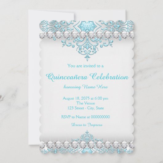 Türkis und Silver Diamond Quinceanera Einladung (Vorderseite)