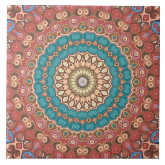 Türkis und Terracotta Geometric Mandala Pattern Fliese (Vorderseite)