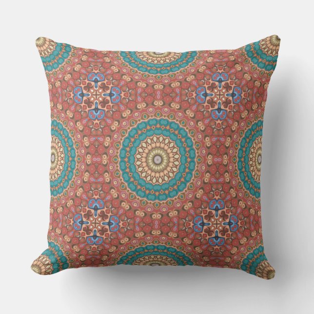 Türkis und Terracotta Geometric Mandala Pattern Kissen (Vorderseite)