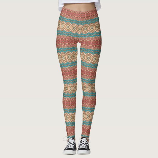 Türkis und Terracotta Geometric Mandala Pattern Leggings (Vorderseite)
