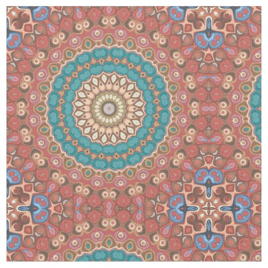 Türkis und Terracotta Geometric Mandala Pattern Stoff (Nahaufnahme)