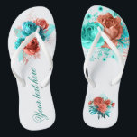 Türkis und tropische Gastgeschenk Hochzeit der Kor Badesandalen<br><div class="desc">Türkisblaue und korallenfarbene Rose und tropisches Blattwerk Sommerliche Gastgeschenke Hochzeiten,  die schnell und einfach auf Ihre Veranstaltungsspezifikationen zugeschnitten sind.</div>