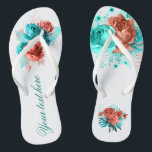 Türkis und tropische Gastgeschenk Hochzeit der Kor Badesandalen<br><div class="desc">Türkisblaue und korallenfarbene Rose und tropisches Blattwerk Sommerliche Gastgeschenke Hochzeiten,  die schnell und einfach auf Ihre Veranstaltungsspezifikationen zugeschnitten sind.</div>