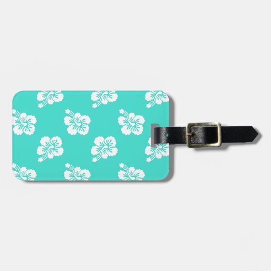 Türkis und Weiß Hibiskus Blumenmuster Gepäckanhänger (Vorderseite horizontal)