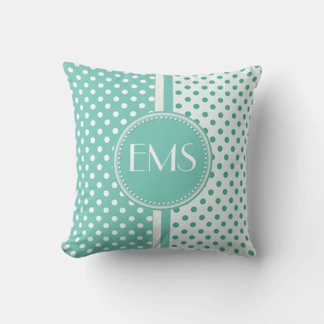 Türkis und Weiß Polka Dot Monogram Kissen (Vorderseite)