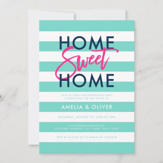 Türkis und weiß Streifen Pink Housewarming Party Einladung (Vorderseite)