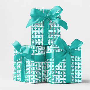 Türkis und Weißgriechisches Schlüsselmuster Geschenkpapier Set