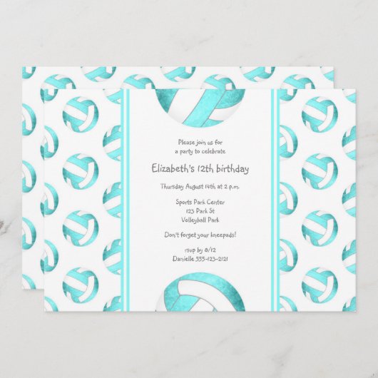 Türkis-Volleyball-Muster Mädchen Geburtstag Einladung (Vorne/Hinten)
