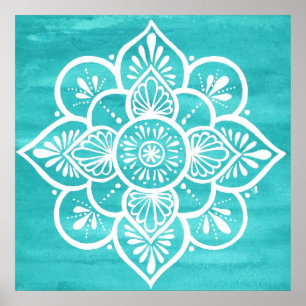 Türkis Watercolor White Mandala Poster