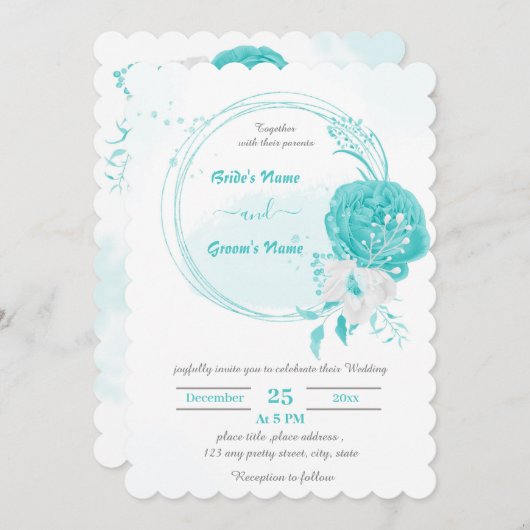 Türkis-Weiß-Blume botanische Kranzhochzeit Einladung (Vorne/Hinten)