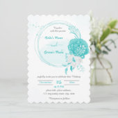 Türkis-Weiß-Blume botanische Kranzhochzeit Einladung (Stehend Vorderseite)