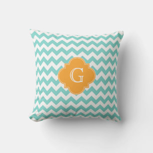 Türkis Weiß Chevron Cantaloupe Vierpass Monogramm Kissen