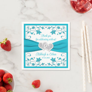 Türkis, Weiß, Silberne Liebe Herz Hochzeit Serviette