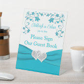 Türkis, Weiß, Silberne Liebe Herz Hochzeit Sockelschild (In SItu)