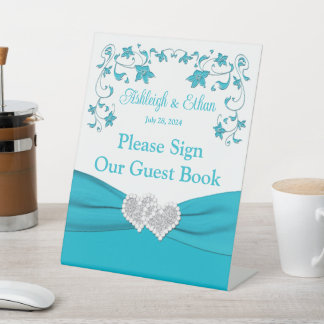 Türkis, Weiß, Silberne Liebe Herz Hochzeit Sockelschild