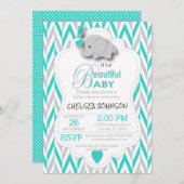 Türkis, Weiß und Grau Elephant Babydusche Einladung (Vorne/Hinten)