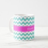Türkis Whirlpool Chevron Hot Pink Name Monogram Kaffeetasse (Vorderseite Links)
