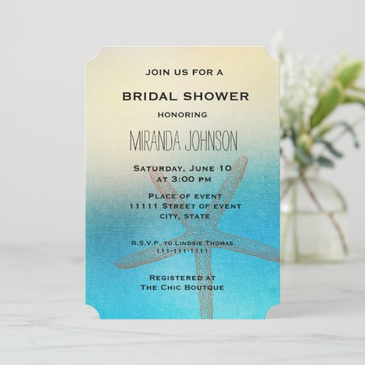 Türkis White Aqua Blue Starfish Brautparty Einladung (Stehend Vorderseite)