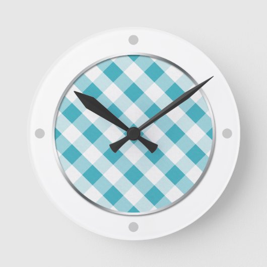 Türkis & White Gingham Pattern Wall Clock Runde Wanduhr (Vorderseite)