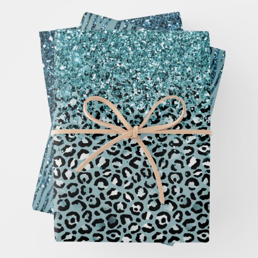 Türkis White Leopard Print Glitzer Geschenkpapier Set (Beispiel)