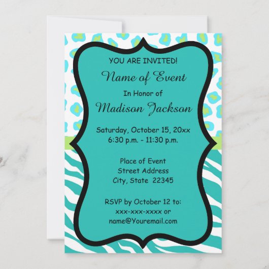 Türkis White Zebra Leopard Einladung (Rückseite)