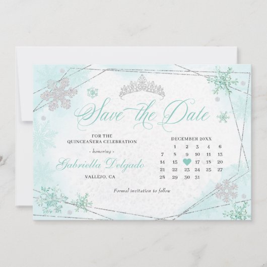 Türkis Winter Wonderland Schnee Save the Date Einladung (Vorderseite)