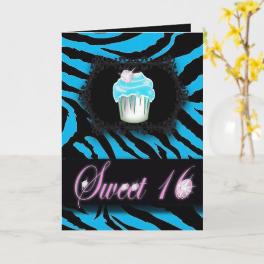 Türkis Zebra print Sweet 16 Karte (Gelbe Blume)