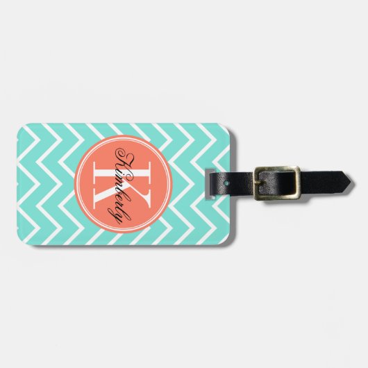 Türkis Zickzack mit orange Monogramm Gepäckanhänger (Vorderseite horizontal)
