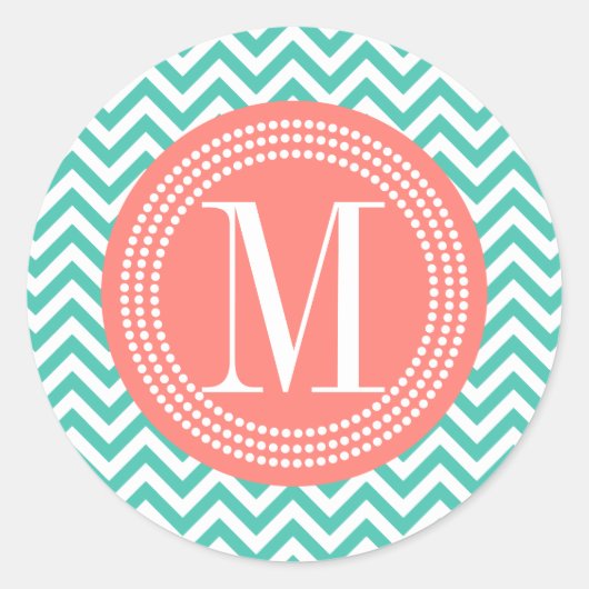Türkis Zickzack Zigzag Personalisiert Monogram Runder Aufkleber (Vorderseite)