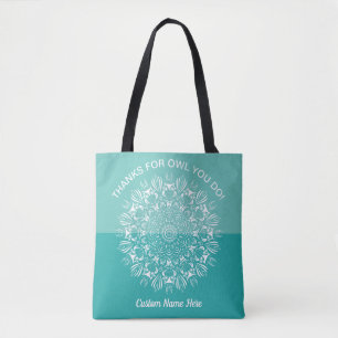 Türkisaquarot-Weißer-Owl-Mandala-Lehrer-Dankbarkei Tasche