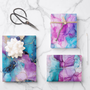 Türkisblau Aqua Lila Goldmarmor Geschenkpapier Set