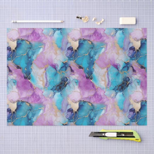 Türkisblau Aqua Lila Goldmarmor Seidenpapier (Handwerk)