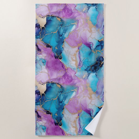 Türkisblau Aqua Lila Goldmarmor Strandtuch (Vorderseite)