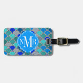 Türkisblau Aquamarin-Graustufen Muster Monogramm Gepäckanhänger (Vorderseite horizontal)