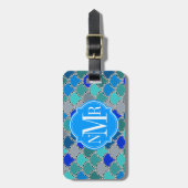 Türkisblau Aquamarin-Graustufen Muster Monogramm Gepäckanhänger (Vorderseite vertikal)