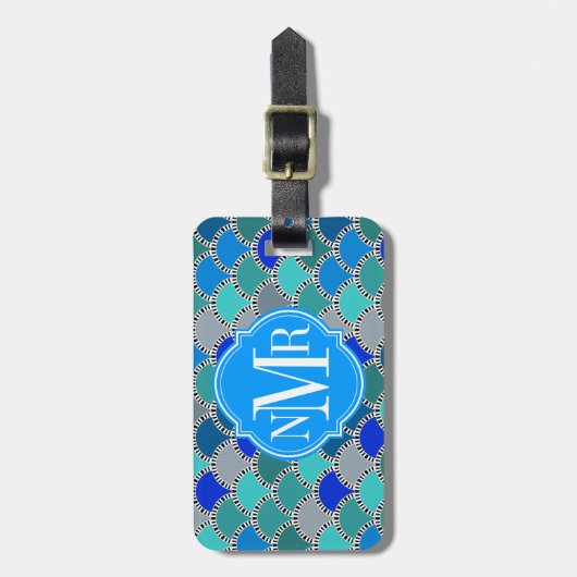 Türkisblau Aquamarin-Graustufen Muster Monogramm Gepäckanhänger (Vorderseite vertikal)